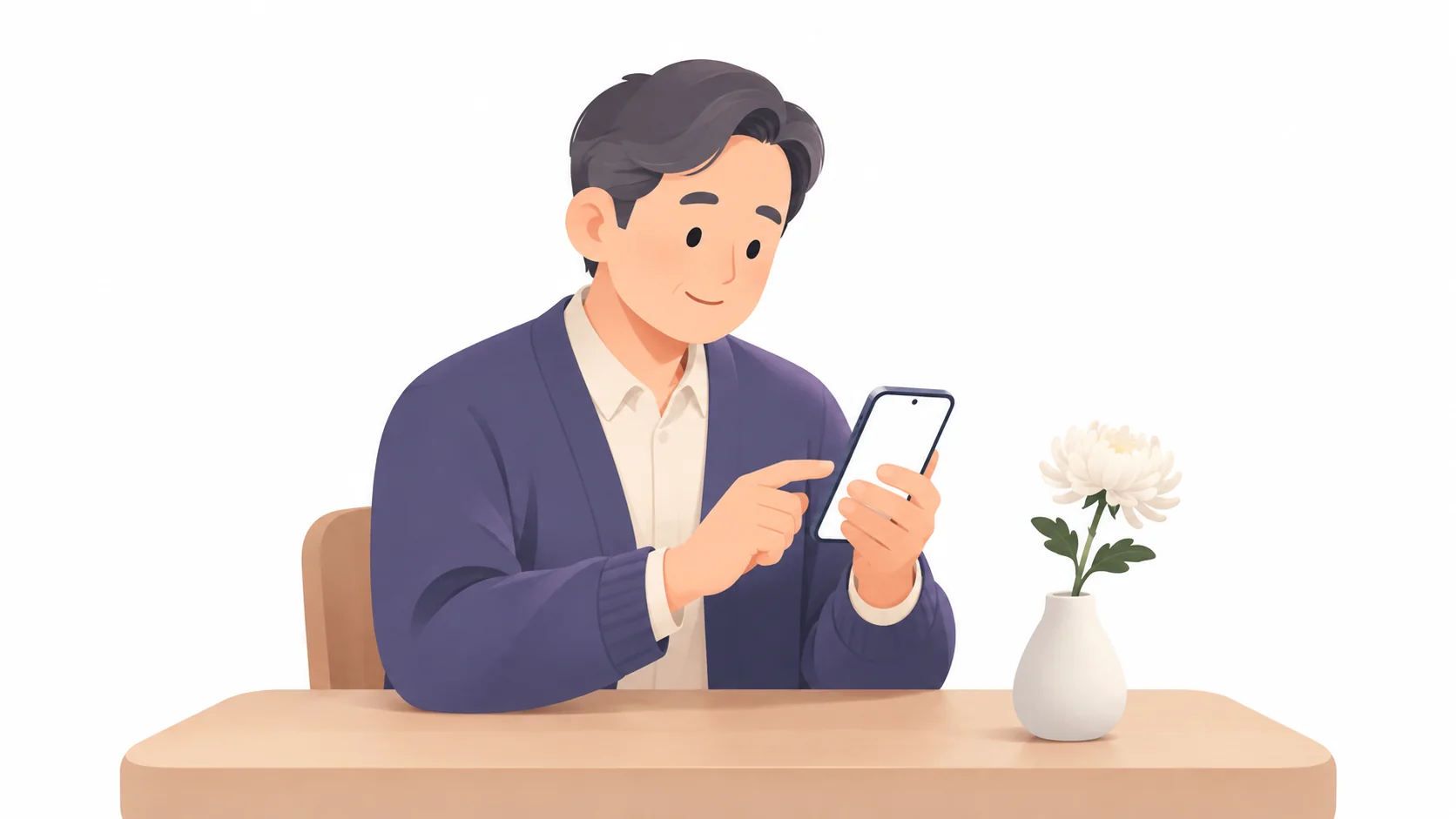 부고 문자를 차분히 작성하는 중년 남성
