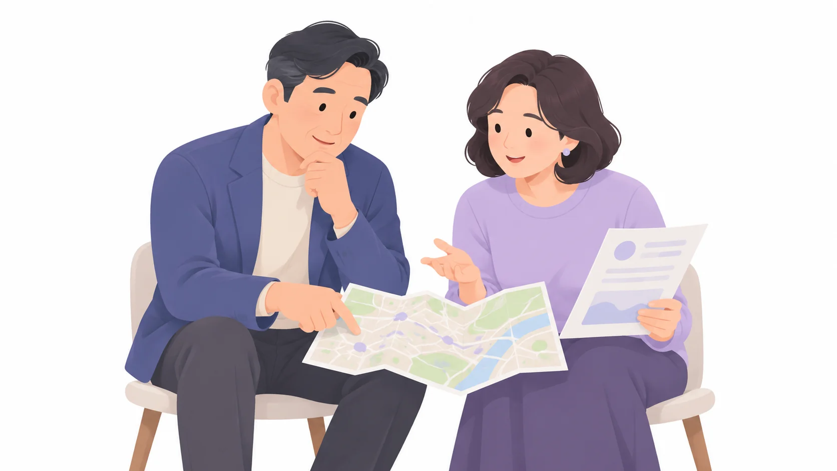 파묘를 앞두고 지도와 서류를 보며 상의하는 남매