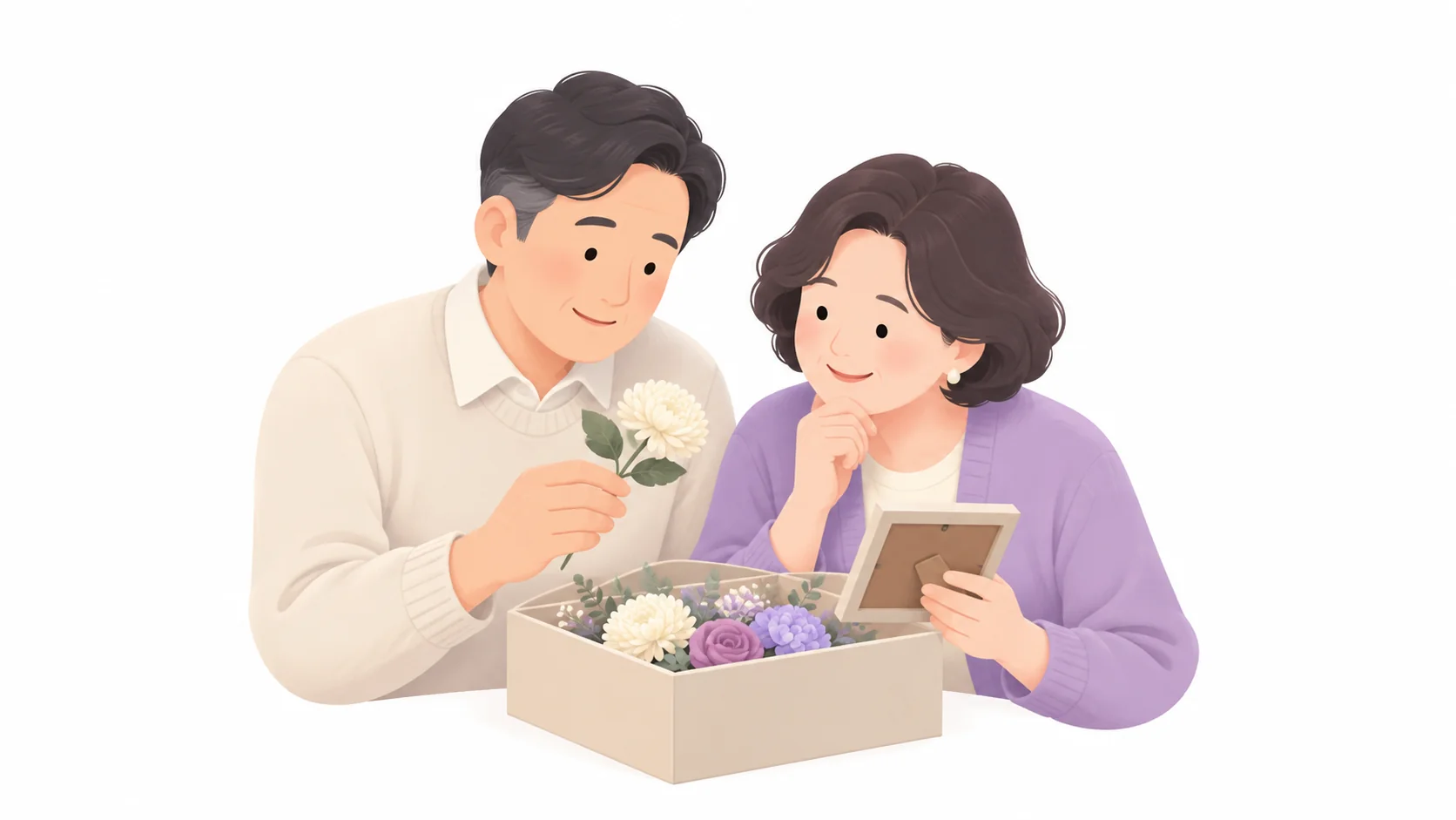 납골당 꾸미기 소품을 함께 고르는 중년 부부