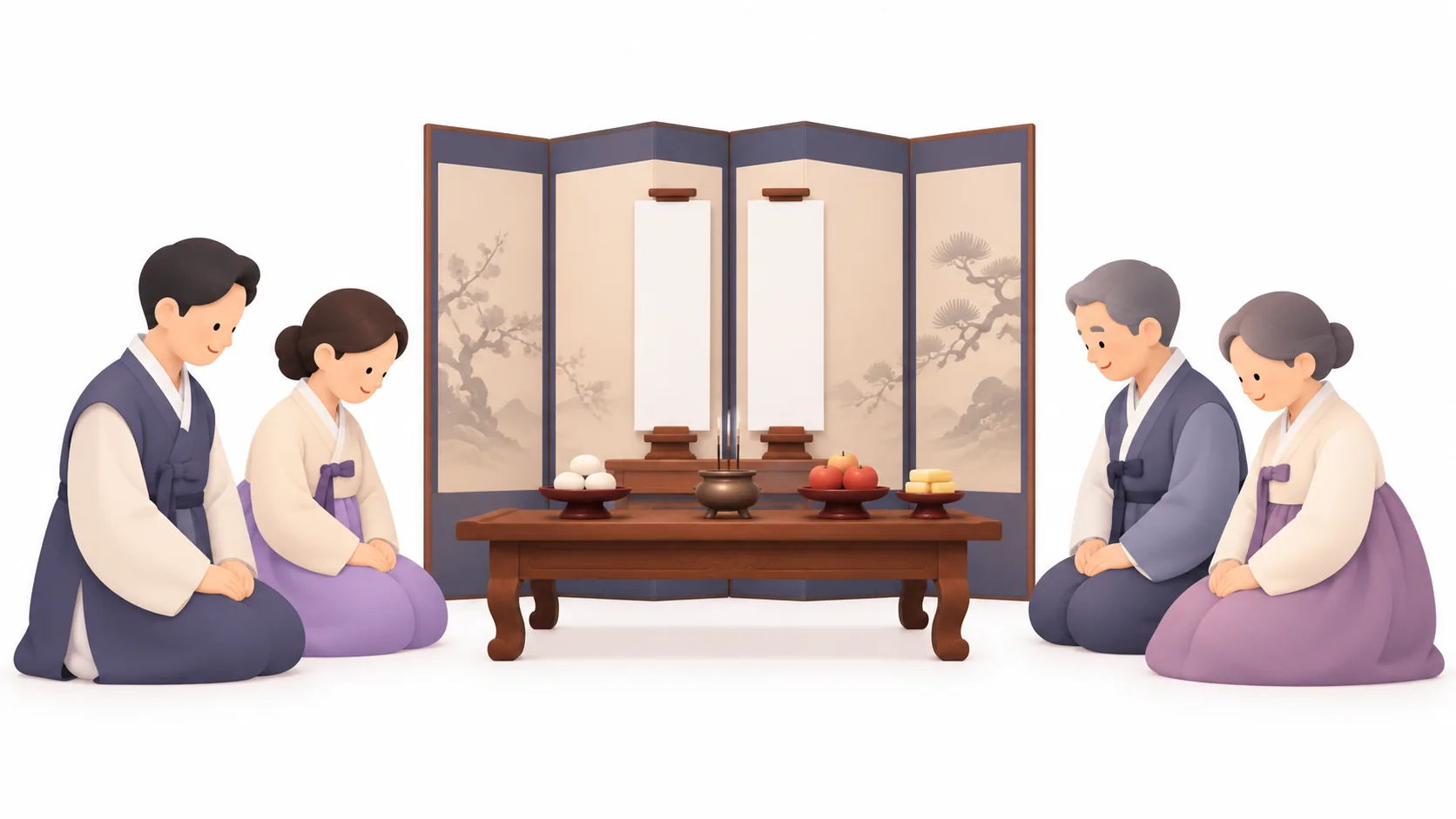 병풍 앞에 지방 두 장을 나란히 붙인 제사상과 절하는 가족