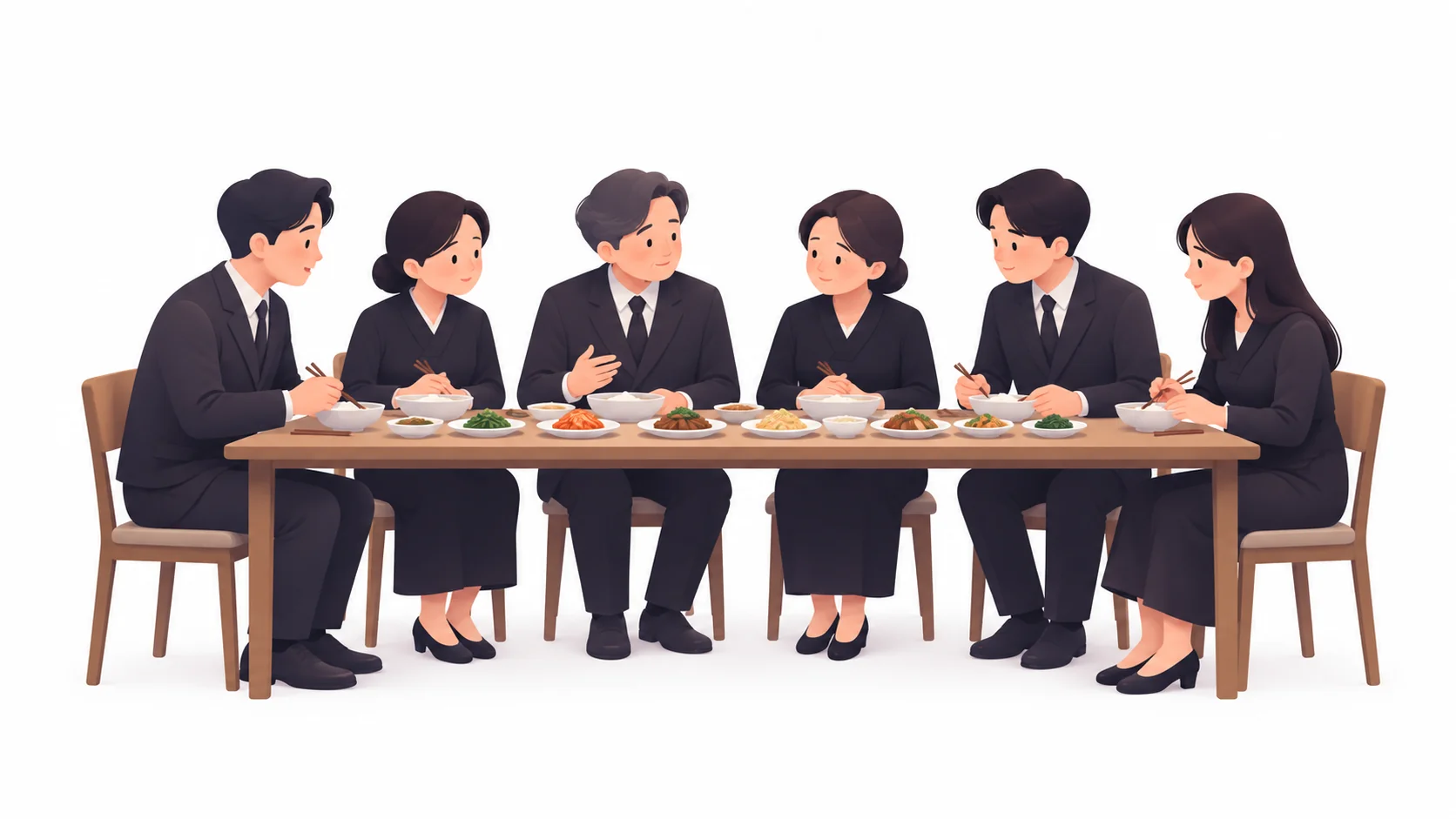 장례식장 접객실에서 조용히 식사하는 조문객들