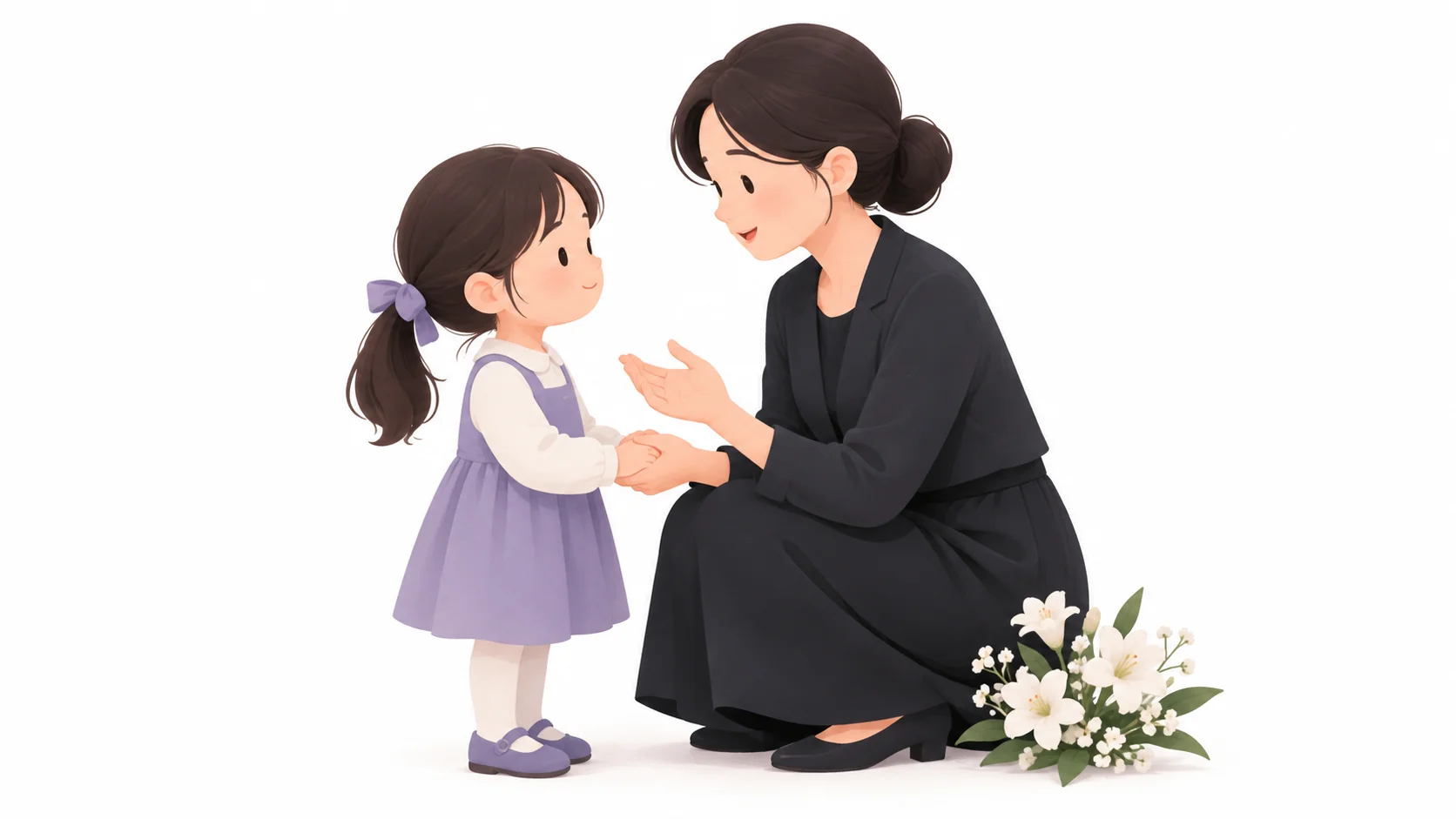 장례식장 복도에서 엄마가 아이에게 조용히 설명하는 모습