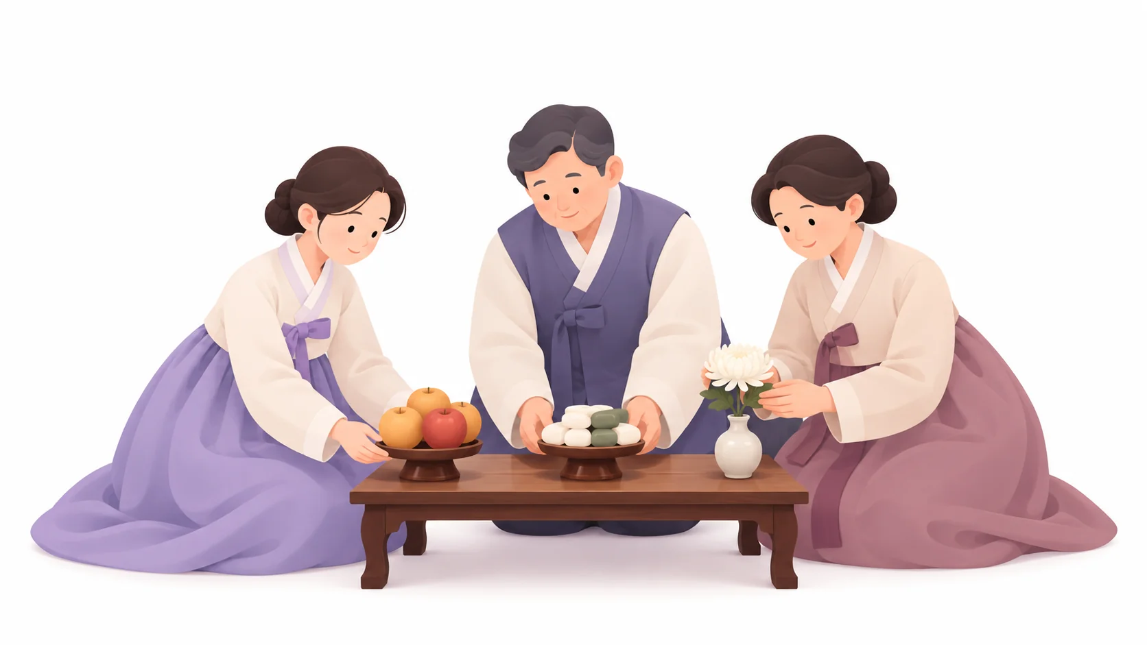 가족이 함께 49재 공양물을 차리는 모습