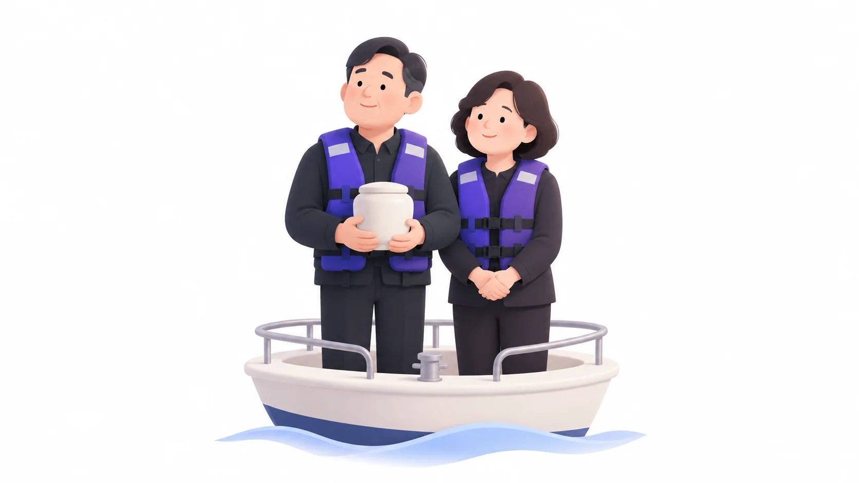 구명조끼를 입고 배 위에서 유골함을 든 가족