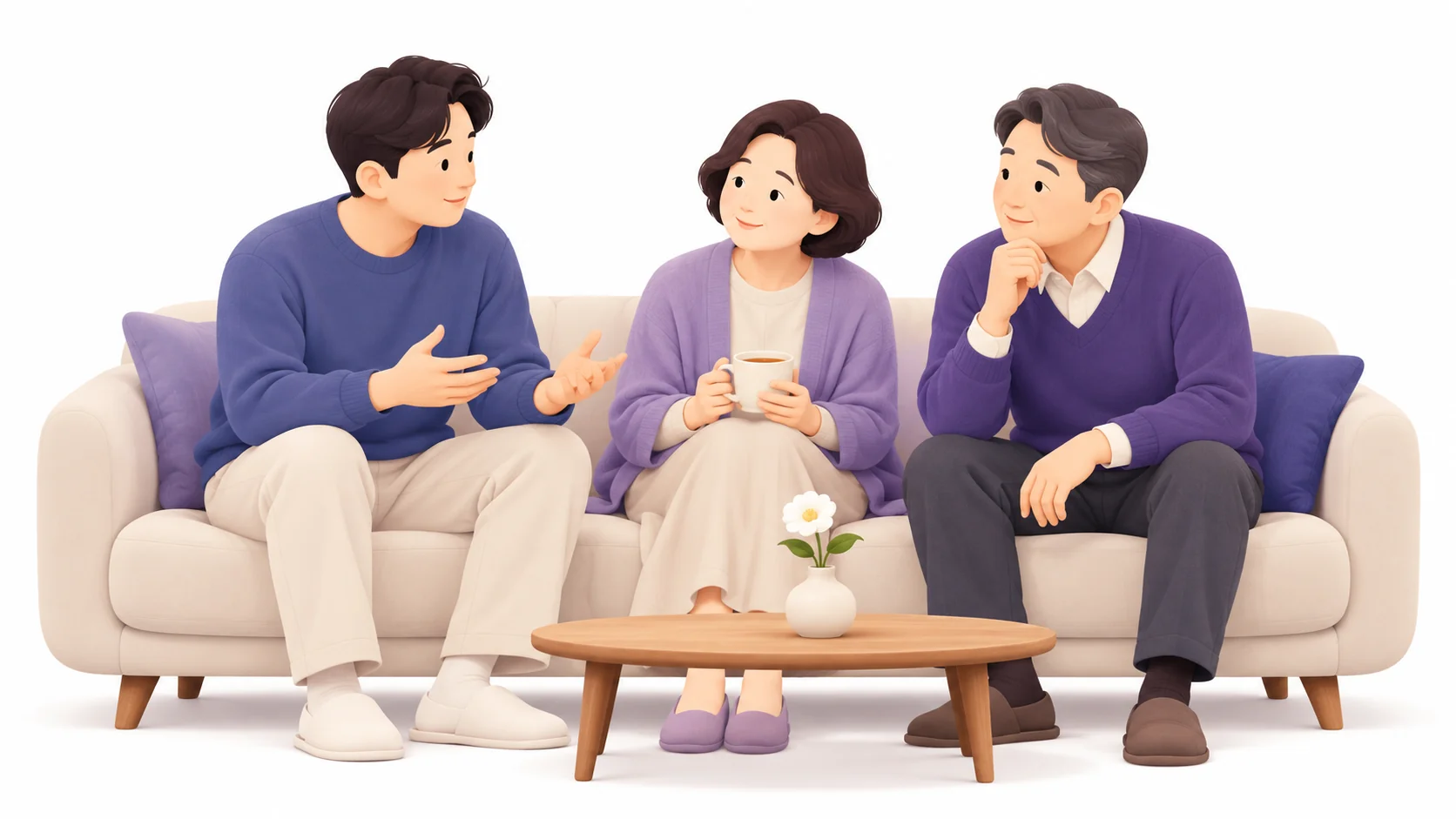 거실에 모여 해양장을 상의하는 가족