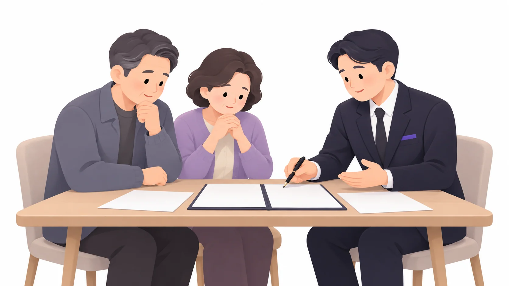 장례식장 상담실에서 장례지도사와 일정을 정하는 남매