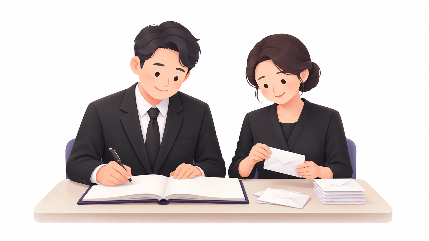 장례식장 접수대에서 부의록을 적는 가족