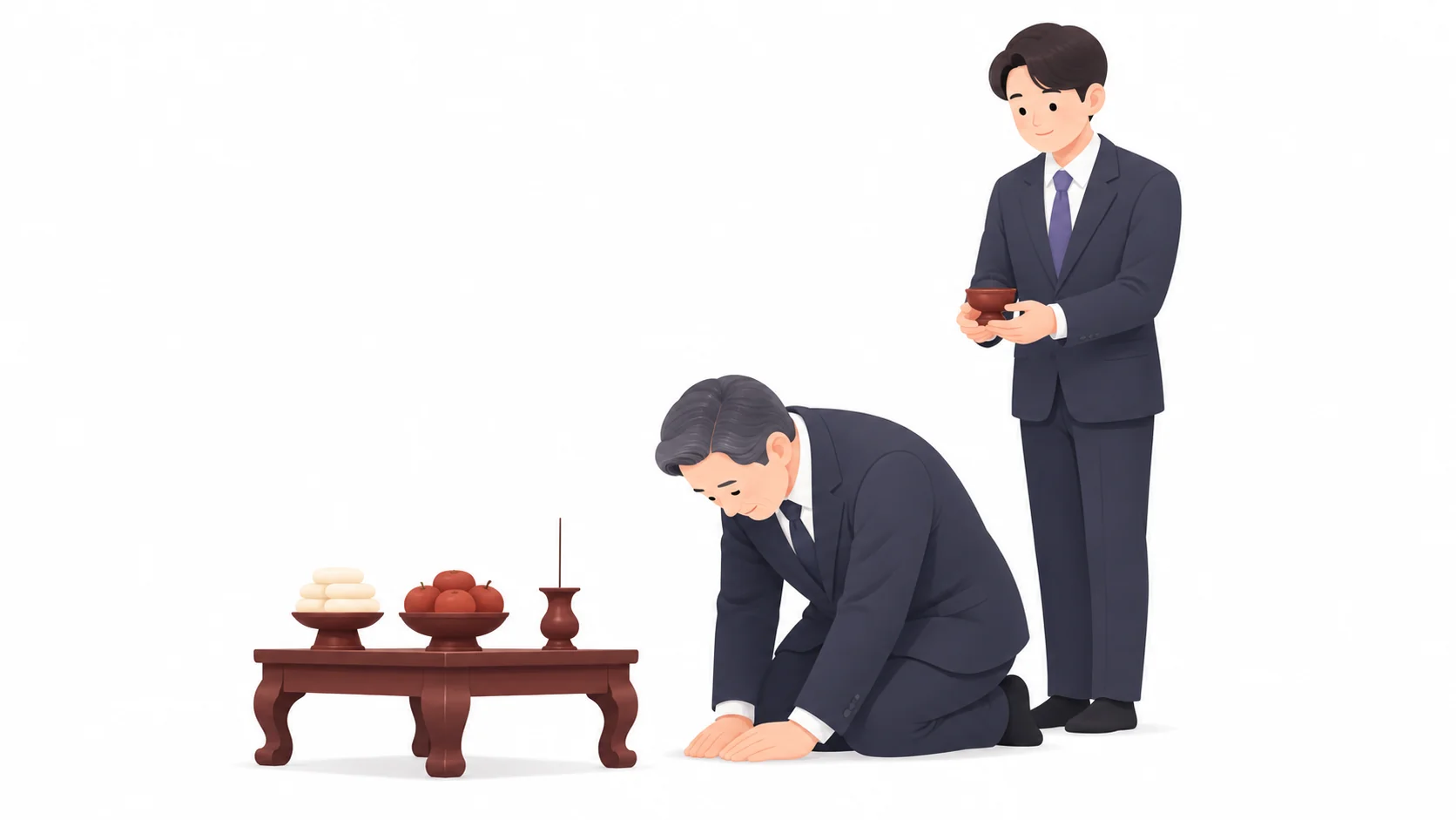 제사상 앞에서 절하는 제주와 가족