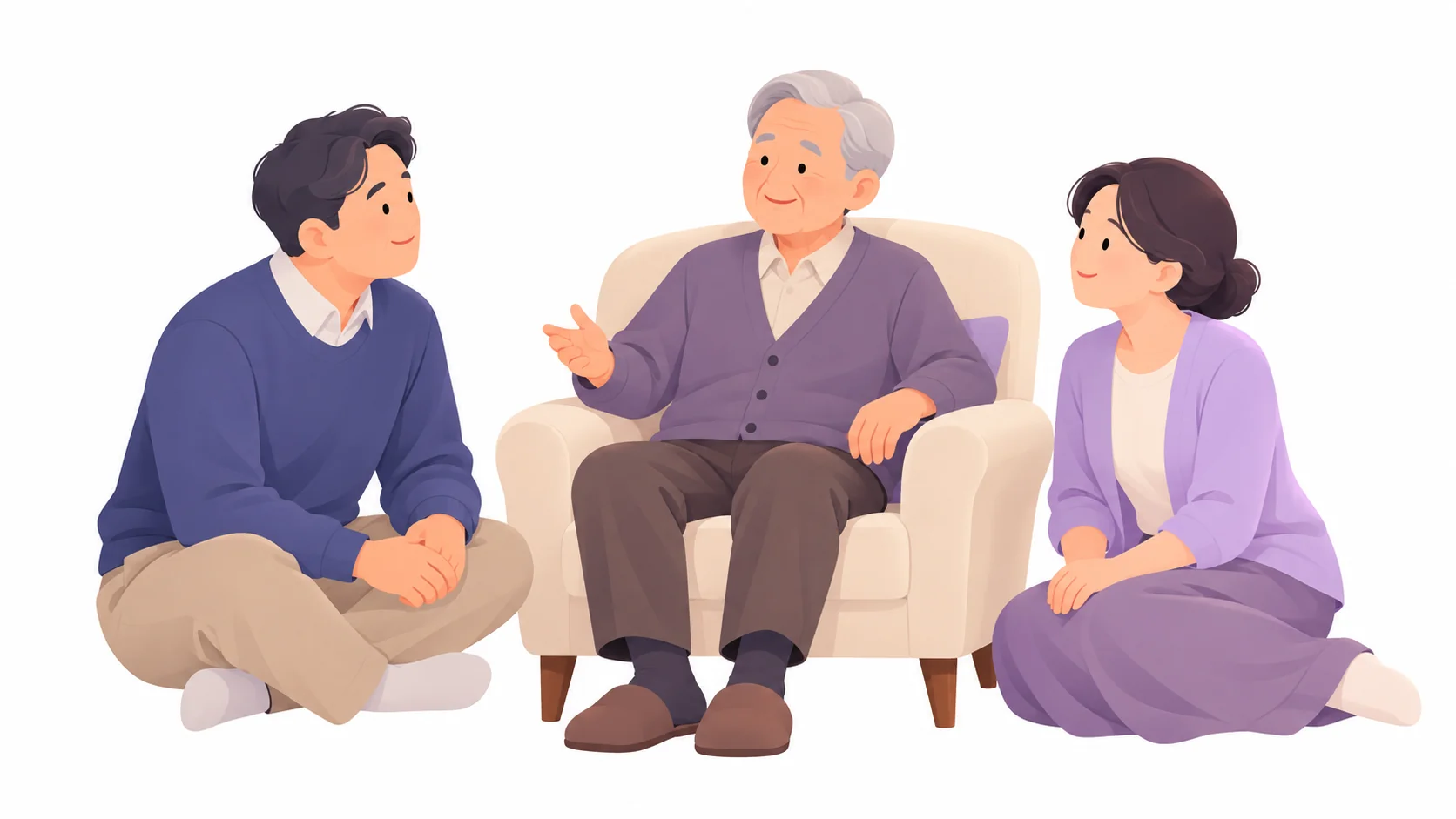 모친상 상주를 정하려고 아버지와 이야기를 나누는 자녀들