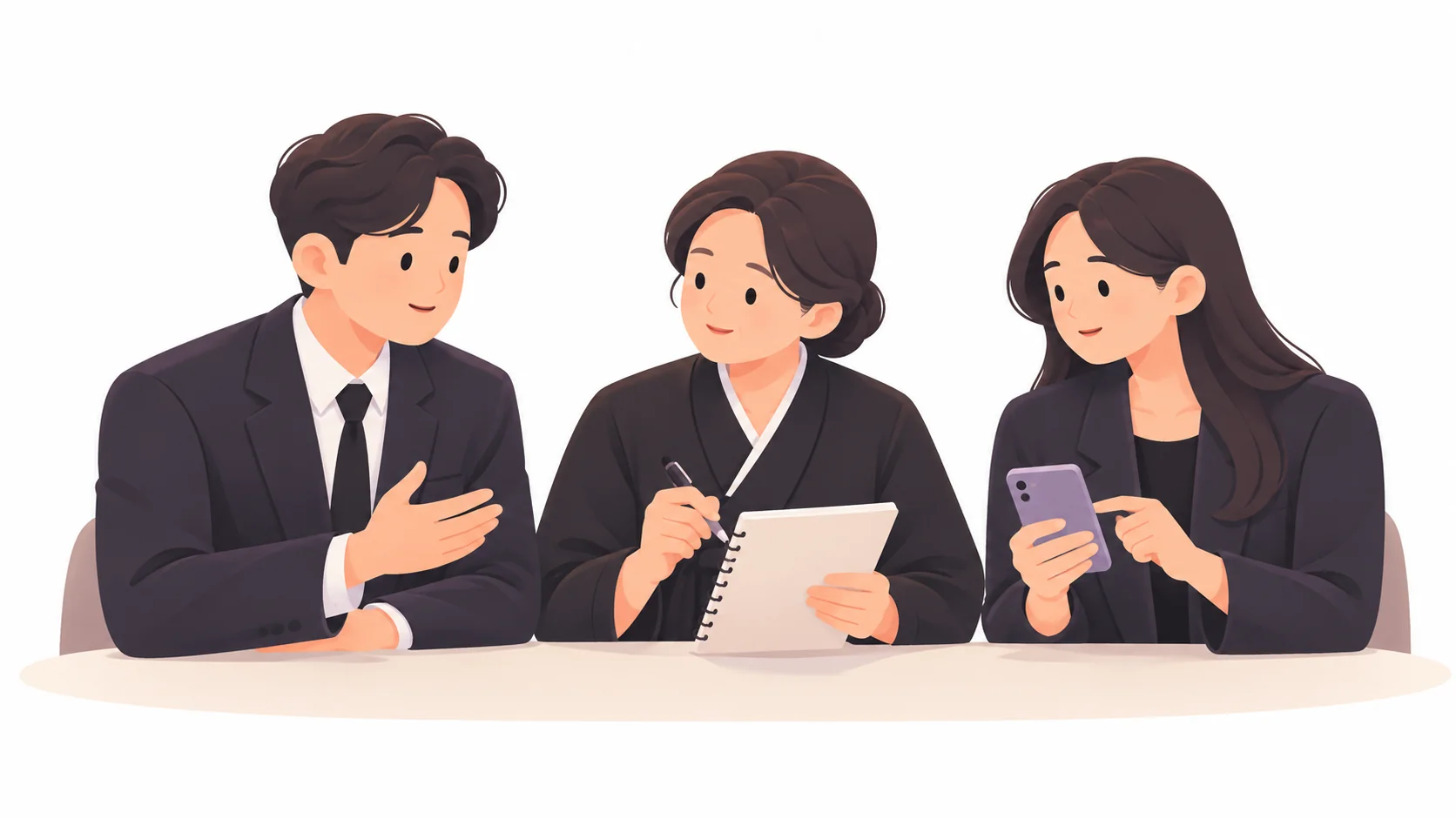부고장을 보낼 명단을 가족이 나누어 정리하는 모습