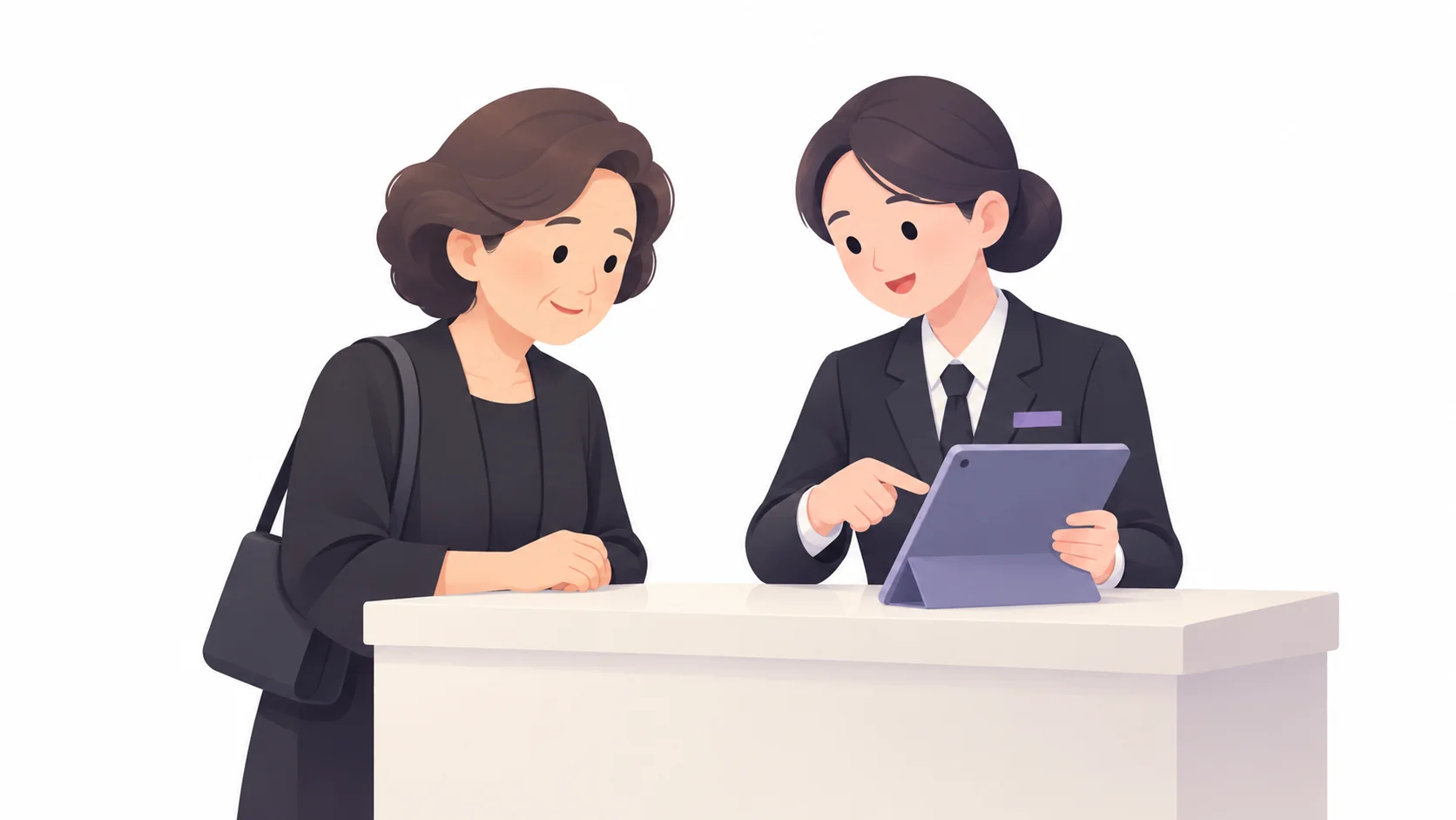 장례식장 직원에게 모바일 부고장 제작을 안내받는 유족