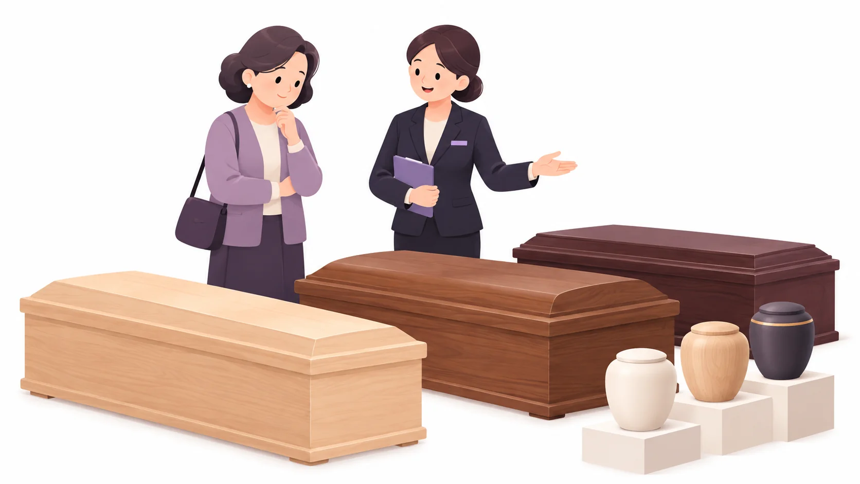장례식장에서 관과 유골함을 비교하는 유족