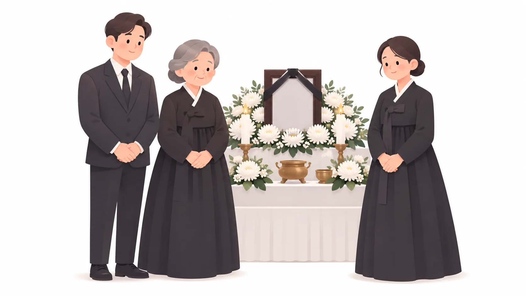남편상에 상주로 조문객을 맞는 아내와 자녀