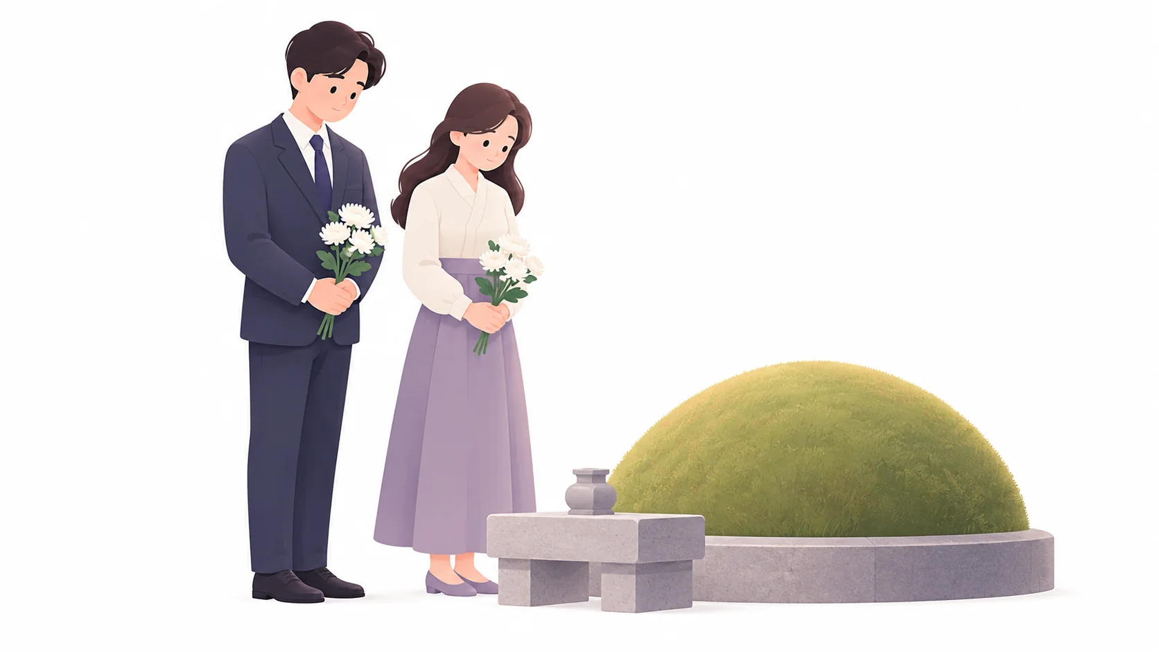 부모님 합장묘 앞에서 성묘하는 자녀