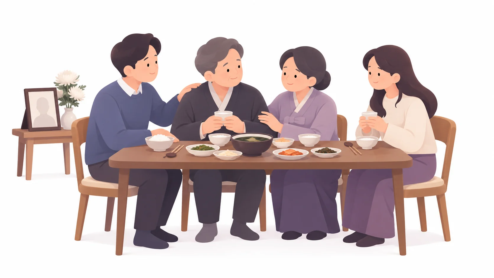 49제를 마치고 음식을 나누는 가족