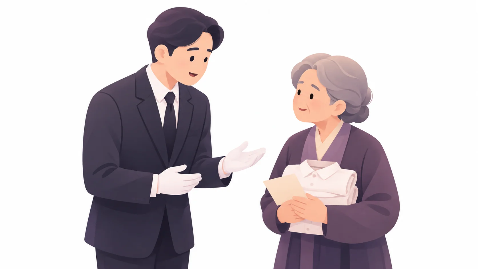 관에 넣을 유품을 장례지도사와 확인하는 가족