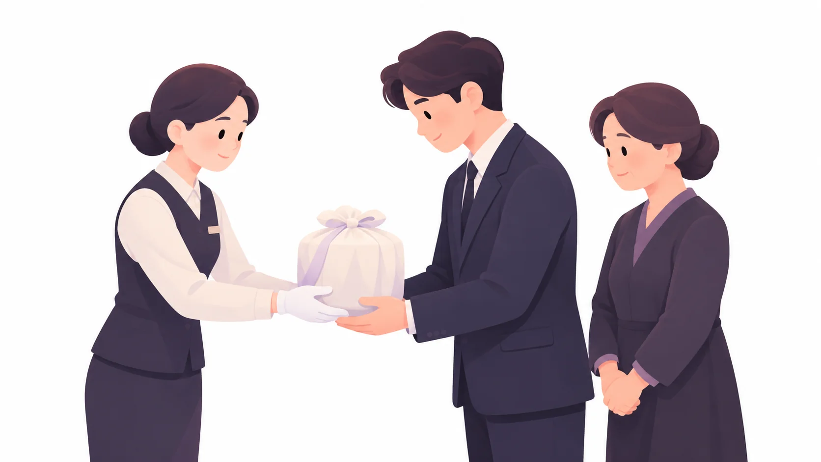 화장시설 직원에게 화장 후 유골함을 건네받는 유족