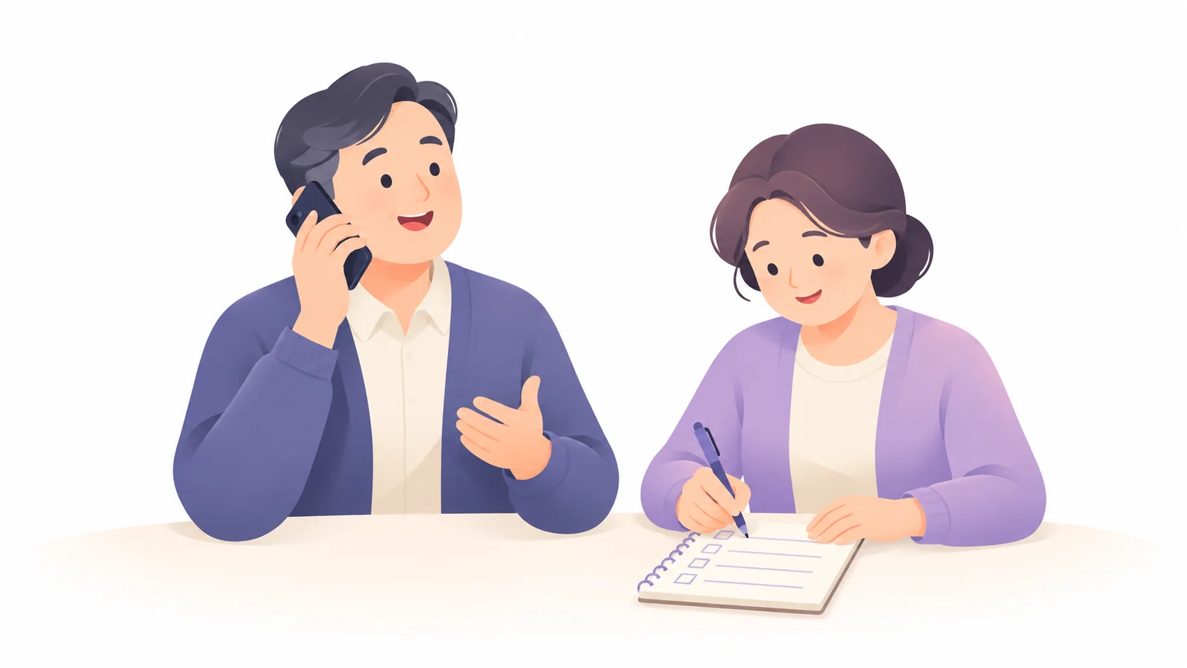 무빈소 장례식장에 전화해 시설을 확인하며 메모하는 부부
