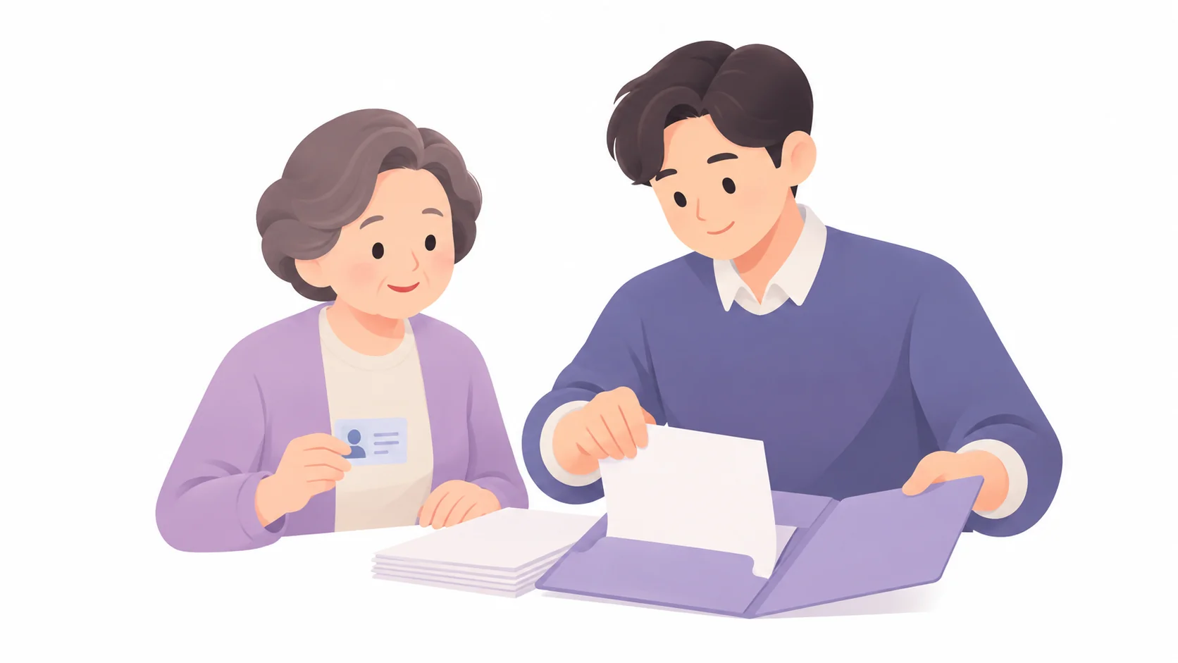 유언공증 전에 재산 서류와 신분증을 준비하는 어르신과 아들