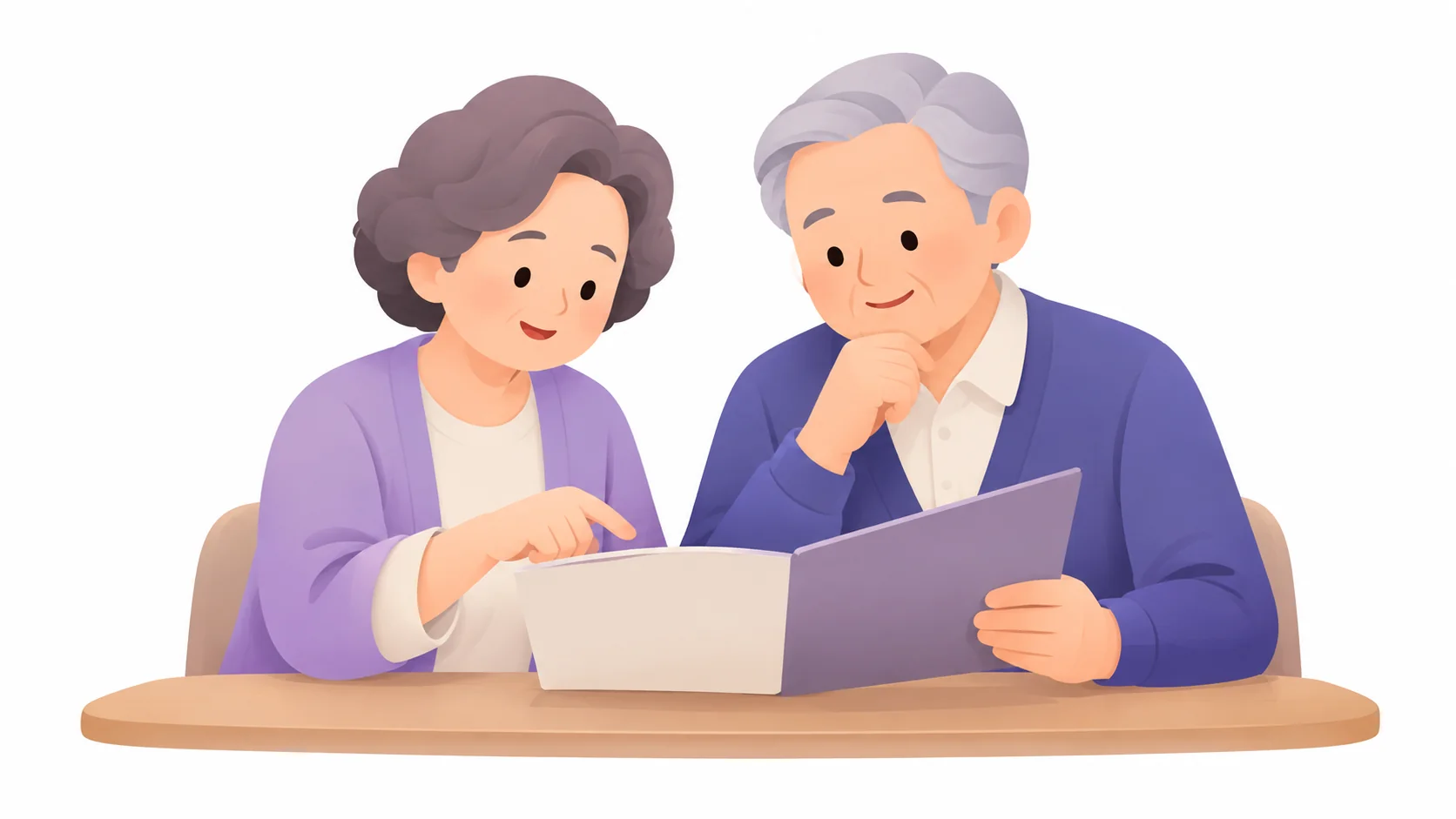 유언 내용을 공증 전에 함께 살펴보는 어르신 부부