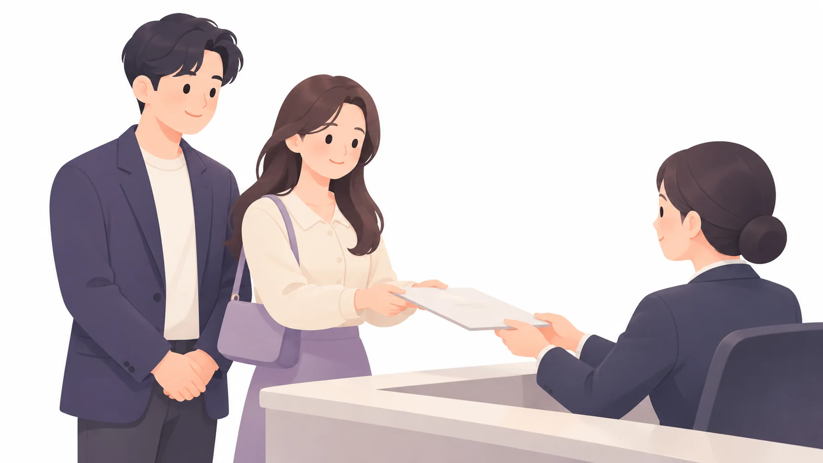 가정법원 창구에 특별한정승인 신고 서류를 내는 남매