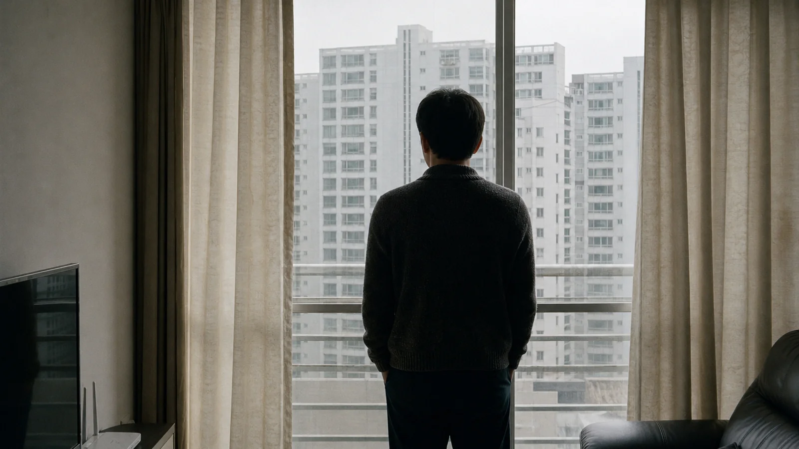 거실 창가에 서서 생각을 정리하는 뒷모습