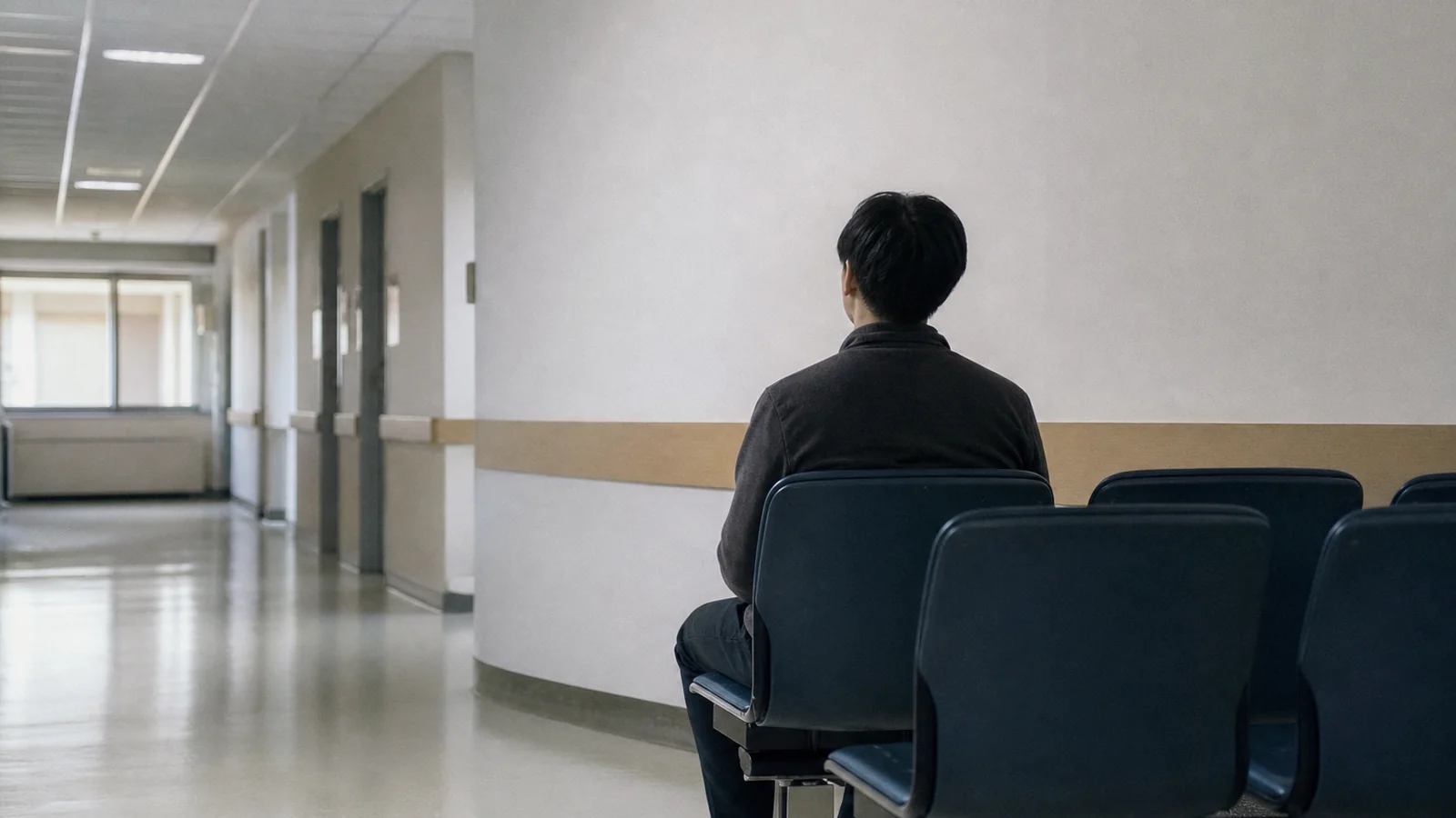 병원 복도 의자에 혼자 앉아 기다리는 사람
