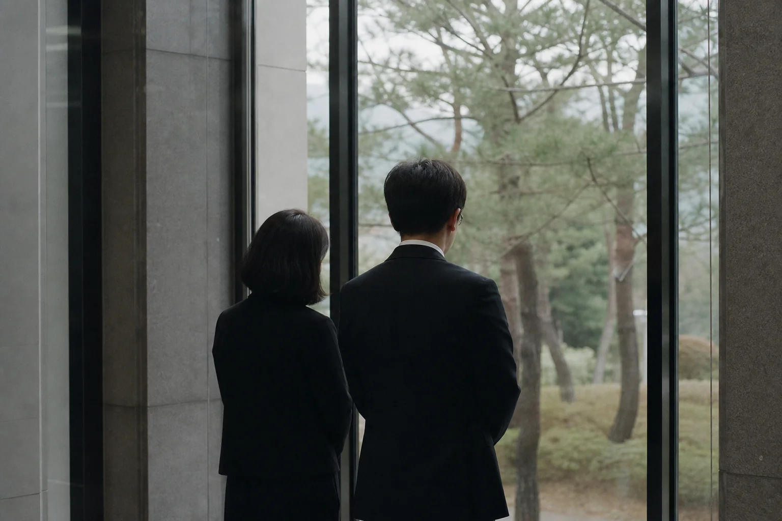 장례식장 로비에서 창밖을 바라보는 두 사람