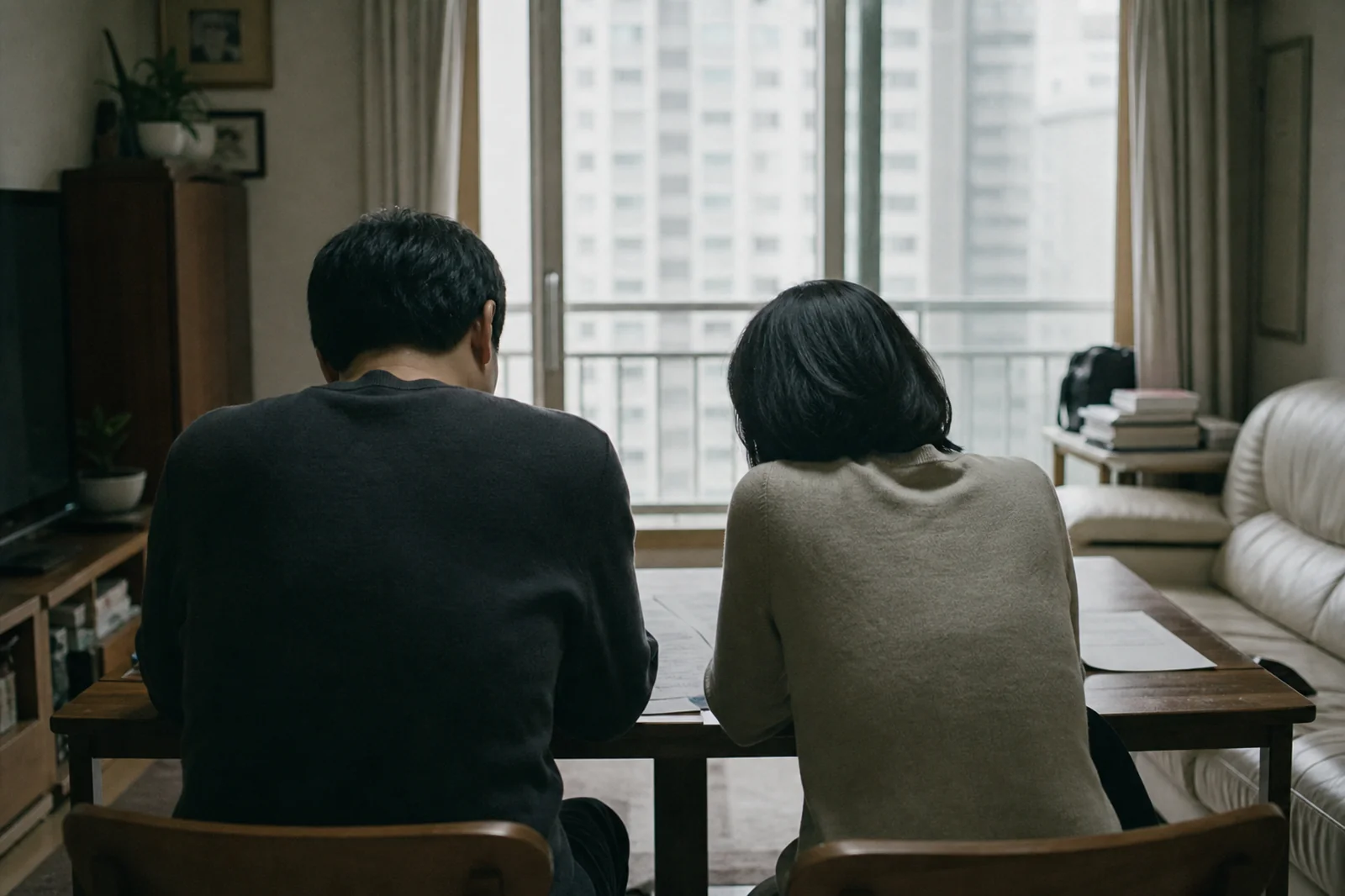 거실에서 함께 서류를 살피는 두 가족