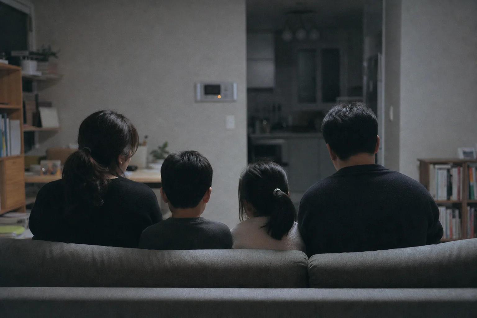 첫날 밤 거실에 모여 앉은 가족