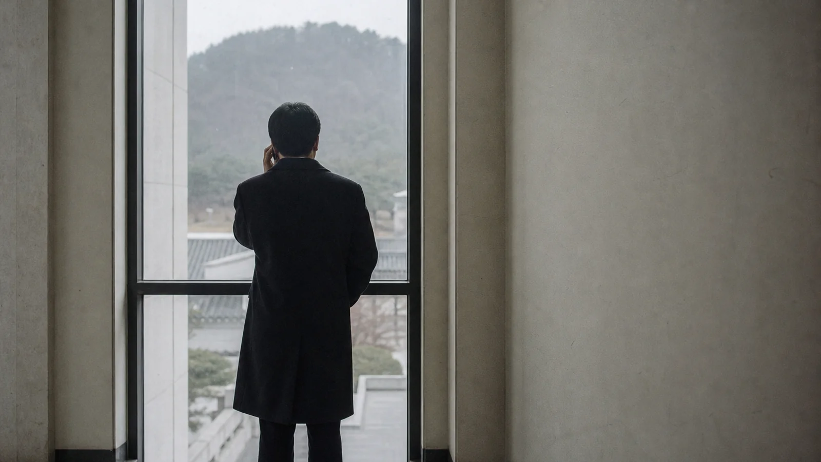 복도 창가에서 친지에게 부고를 전하는 사람