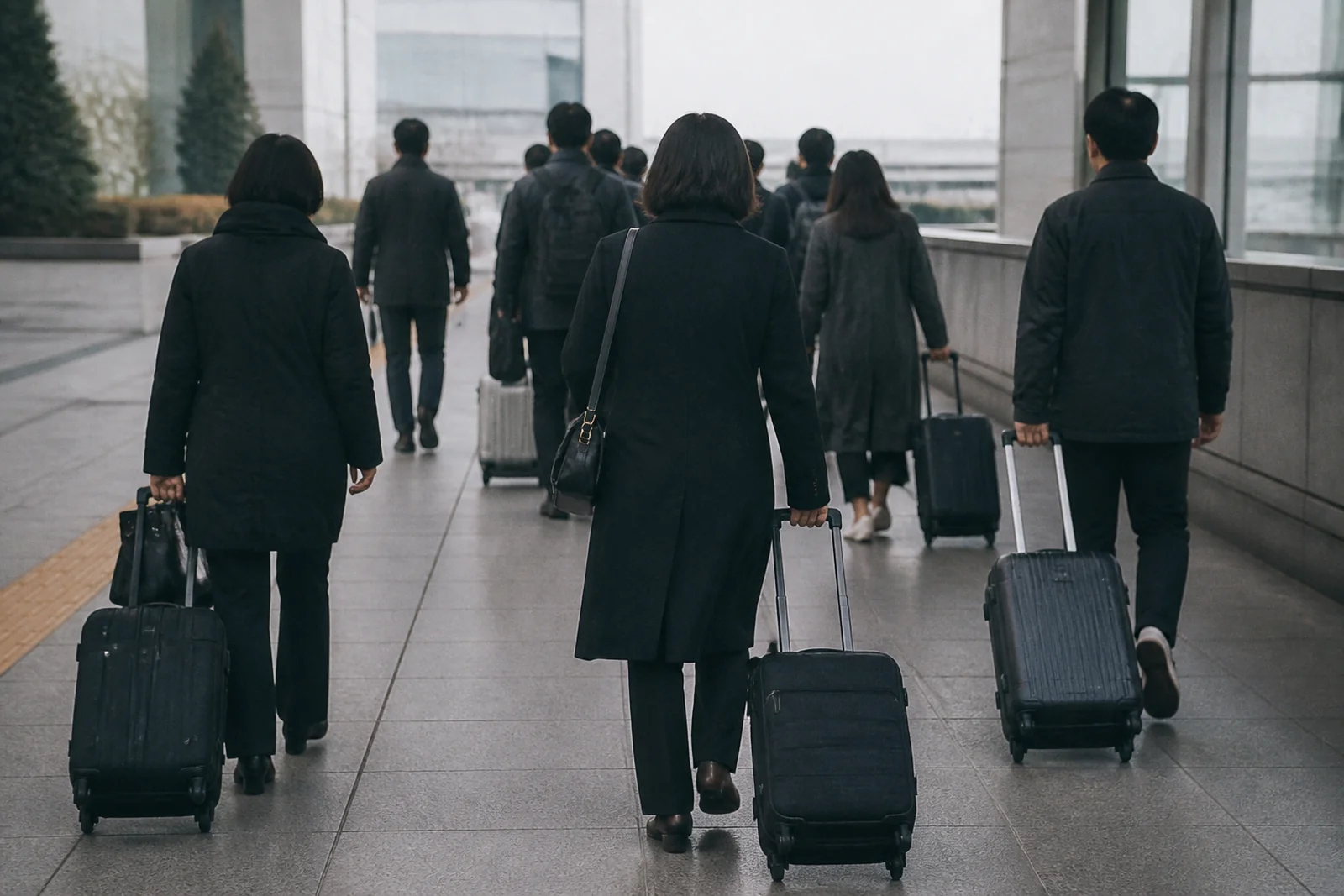 이른 아침 공항 도착 통로를 걸어 나오는 사람들