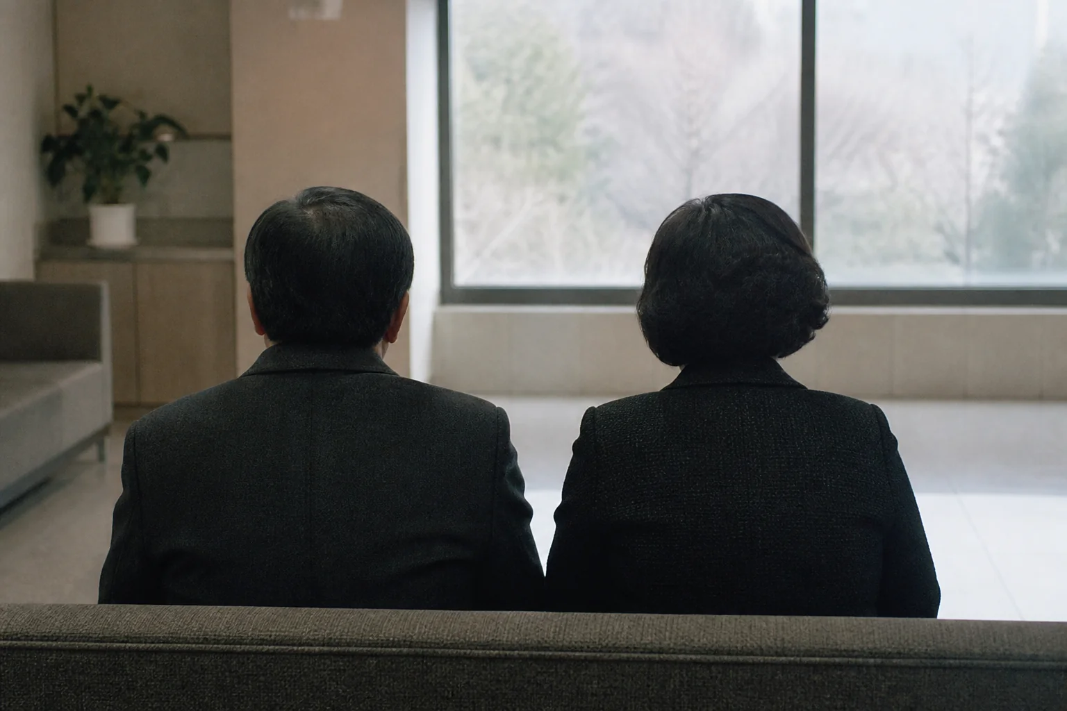 창밖을 바라보며 나란히 앉은 부부