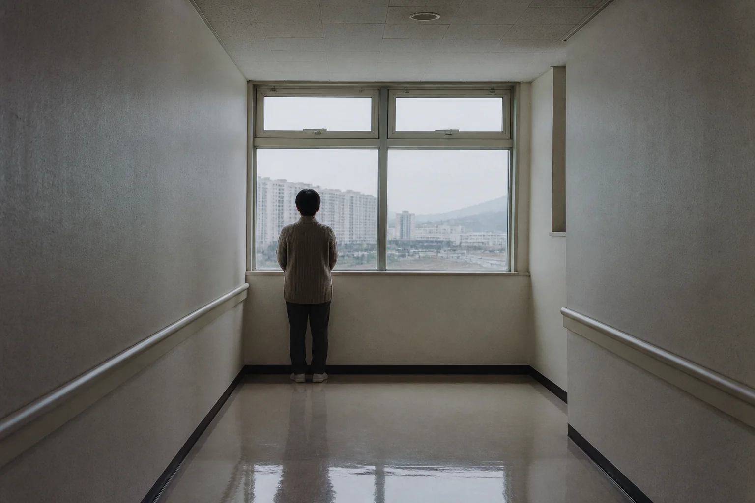 병원 복도 창 앞에 선 사람의 뒷모습