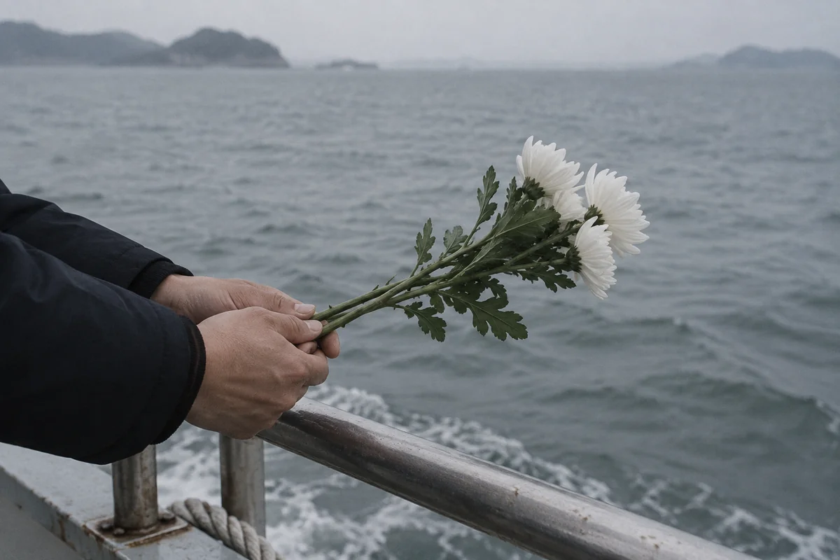 포장을 벗겨 뱃전에서 든 흰 국화