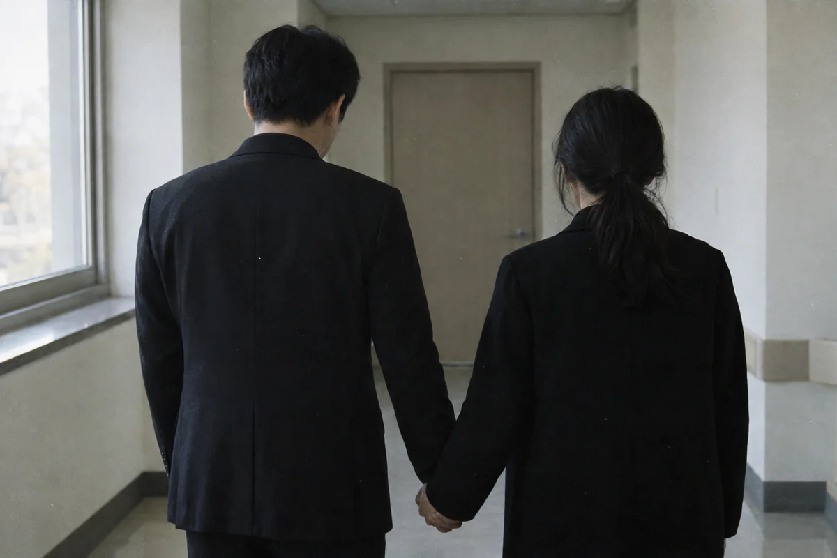 입관실 문 앞에서 손을 맞잡은 남매의 뒷모습