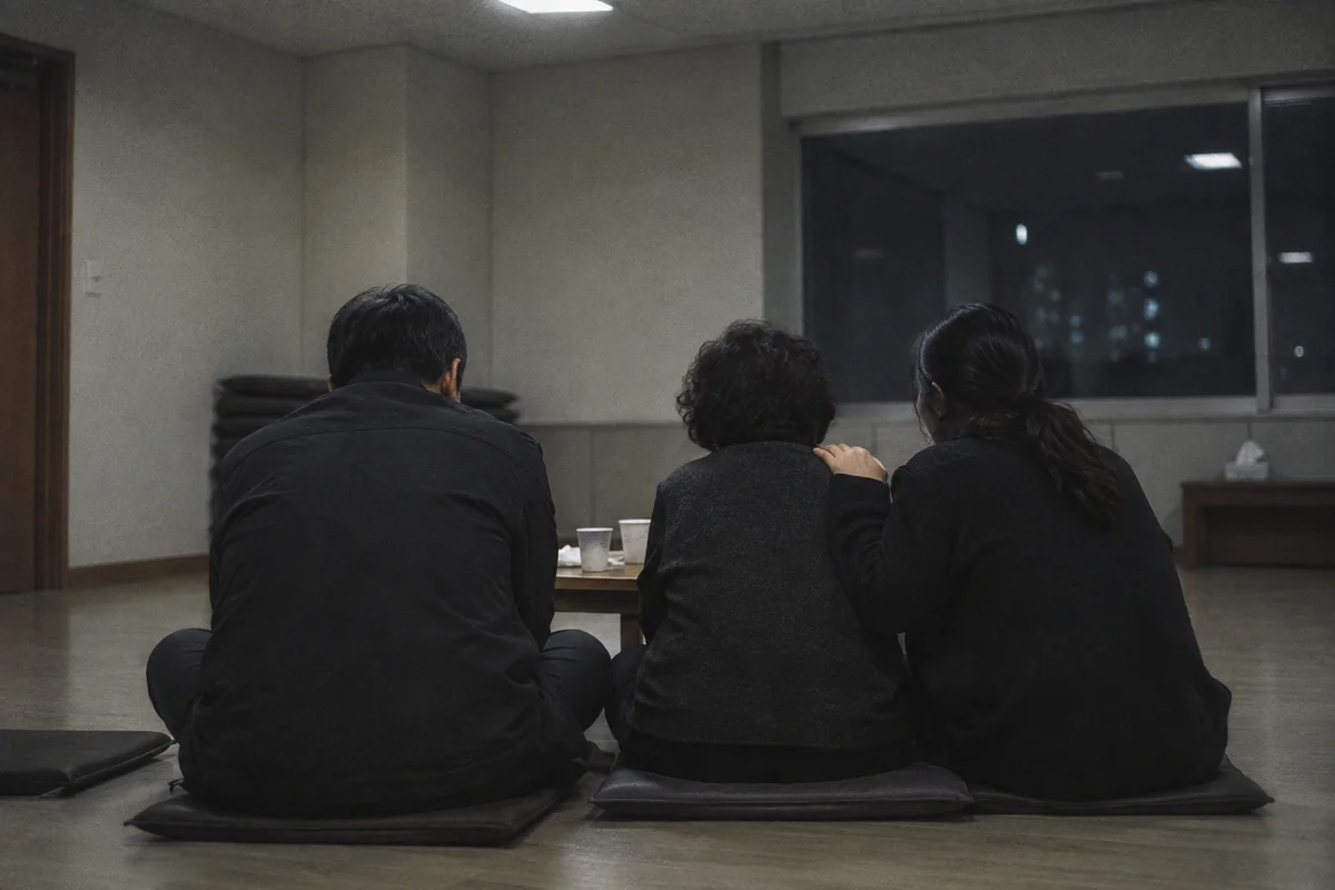 조문이 끊긴 밤 가족실에 나란히 앉은 가족