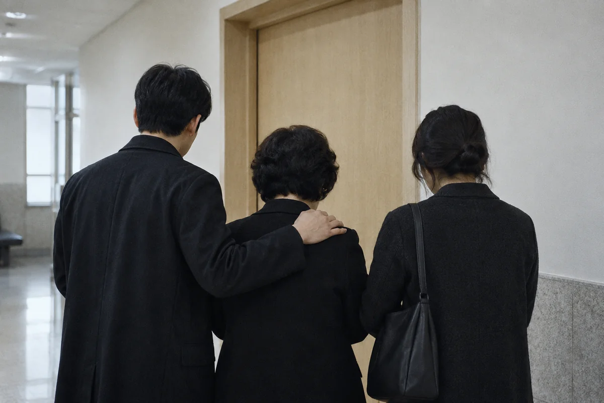 입관실 앞 복도에서 차례를 기다리는 가족