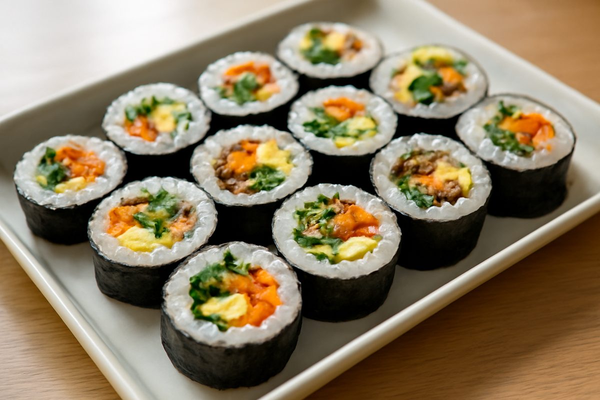 여러 종류의 김밥이 담긴 접시