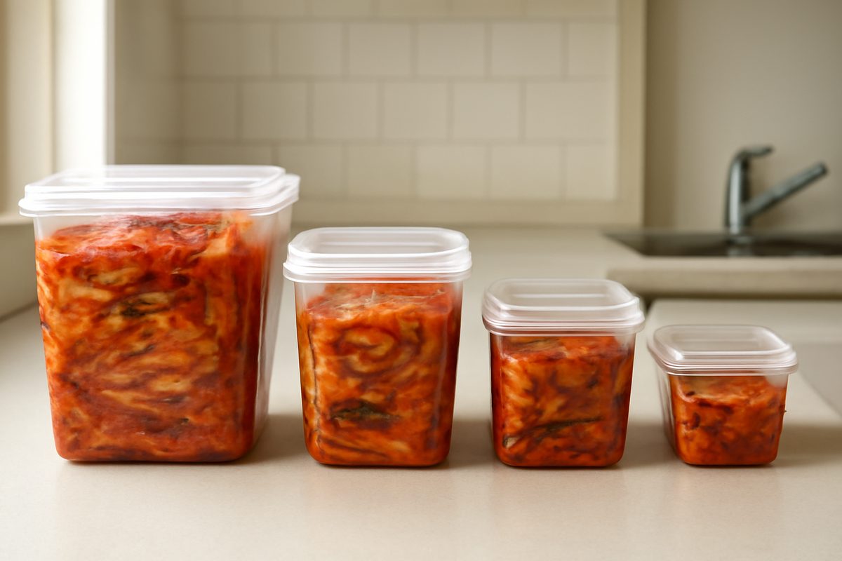 크기가 다른 김치통이 놓인 주방, 김치통 용량 비교