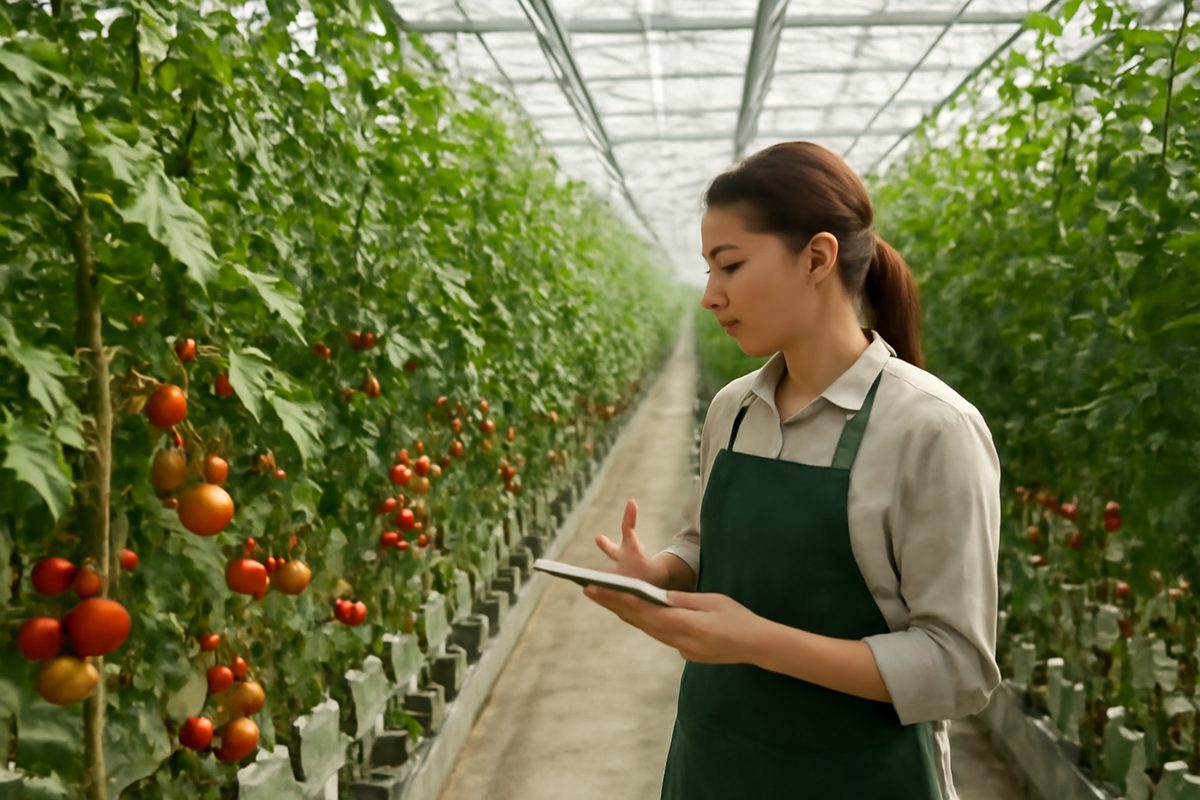 토마토 시설재배 온실에서 작목별 교육을 받는 장면
