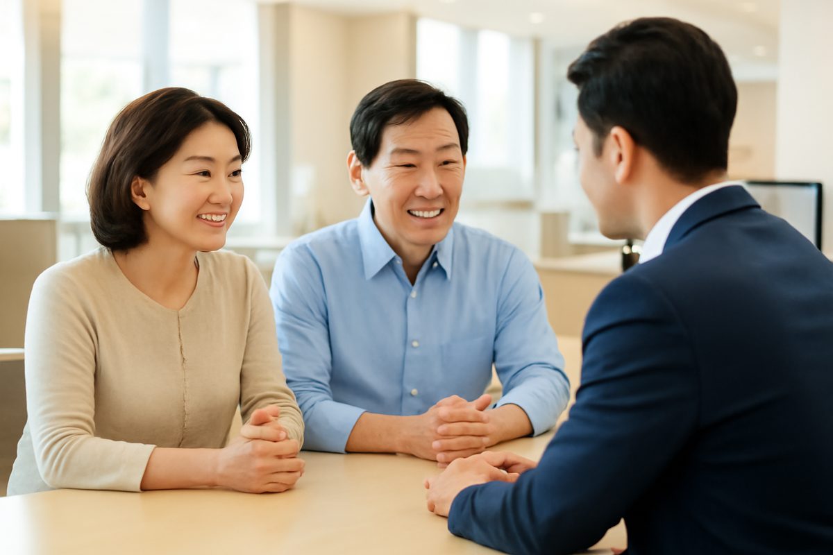은행 창구에서 상담받는 중장년 부부, 퇴직연금 중도인출 상담