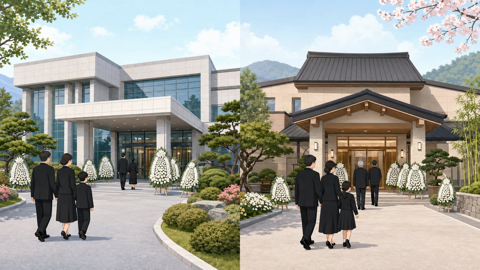 공설 장례식장과 독립 장례식장 외관 비교 일러스트