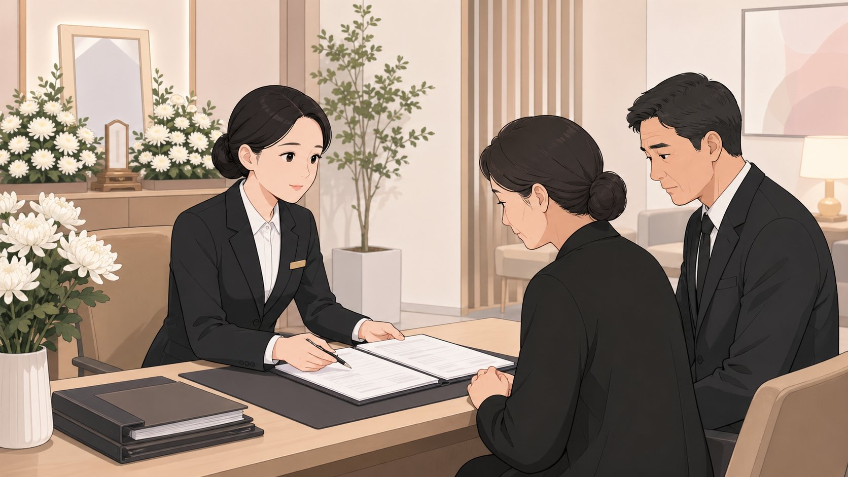 장례식장 상담 데스크에서 계약서를 검토하는 장면 일러스트