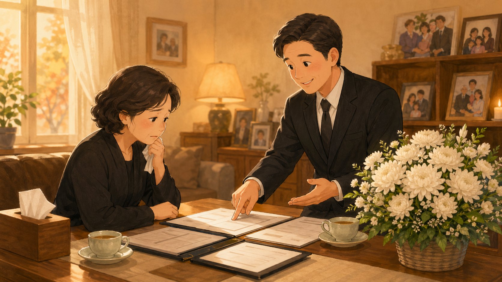 장례지도사가 유가족에게 장례 절차를 설명하는 장면 일러스트