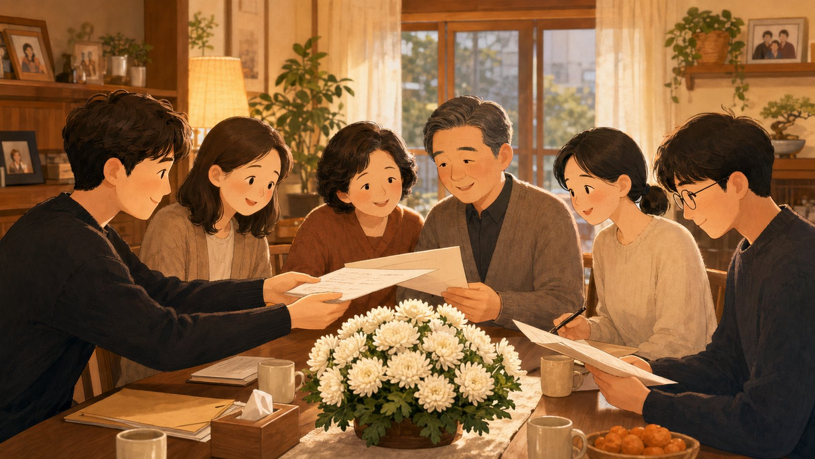 가족이 함께 모여 장례 준비를 돕는 따뜻한 장면 일러스트