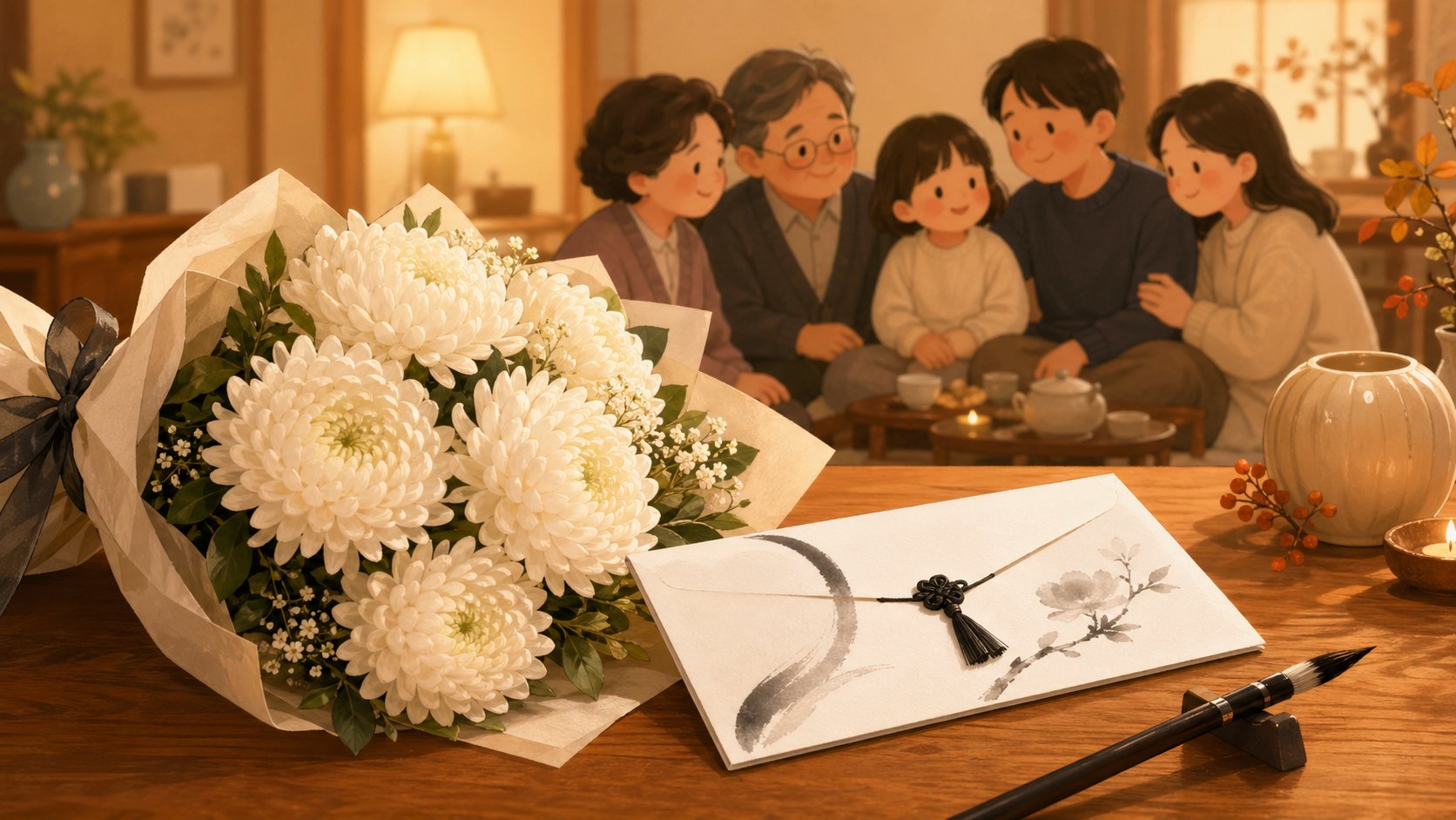 부의금 봉투와 흰 국화꽃