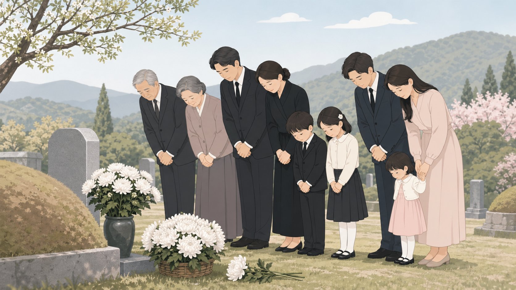 가족이 묘지에서 하관 후 함께 절하는 장면