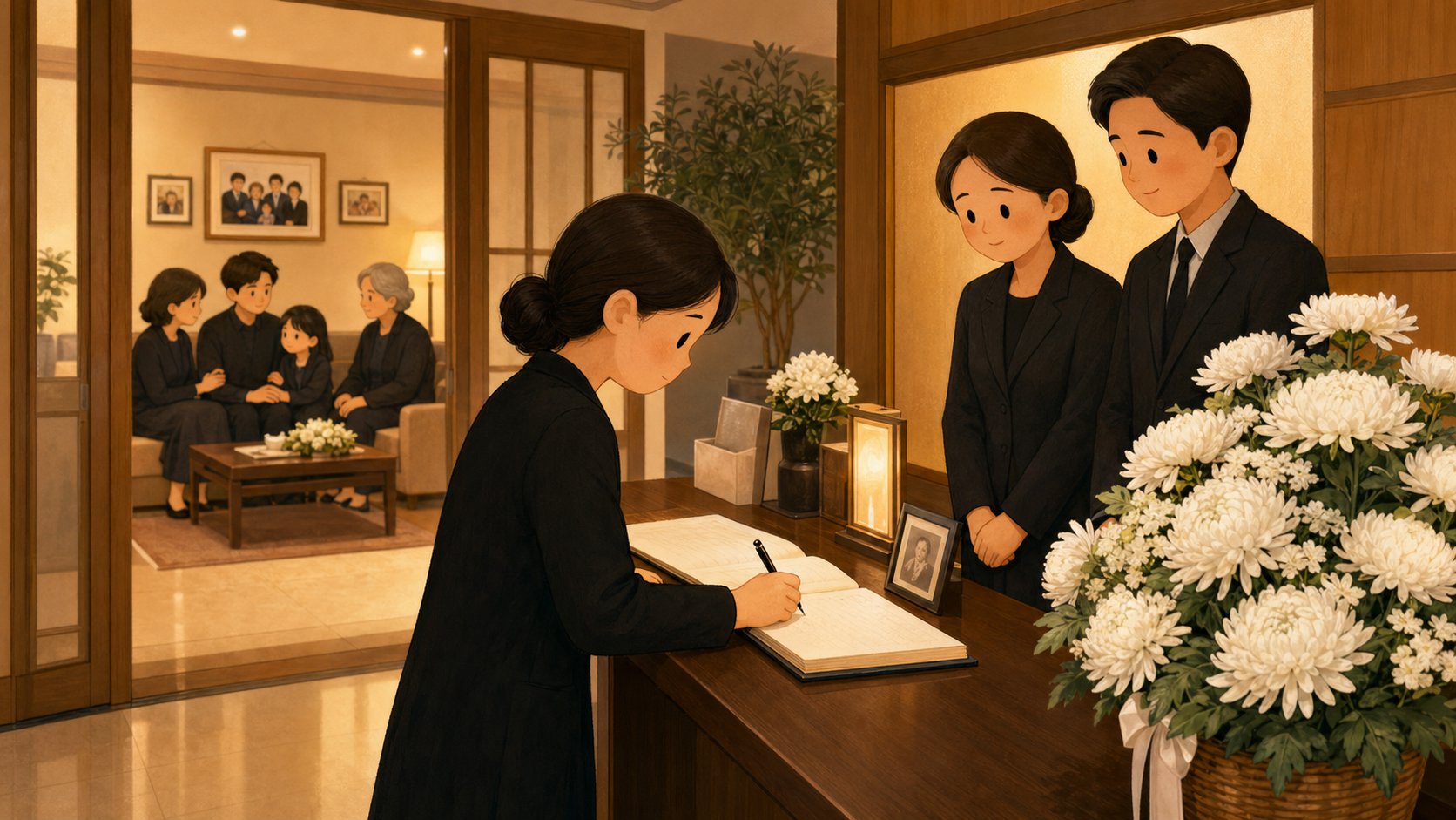 조문객이 빈소 방명록에 서명하는 장면