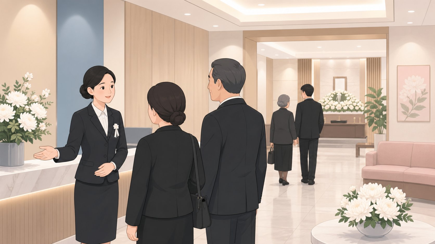 장례식장 안내 데스크에서 직원이 방문객을 안내하는 장면